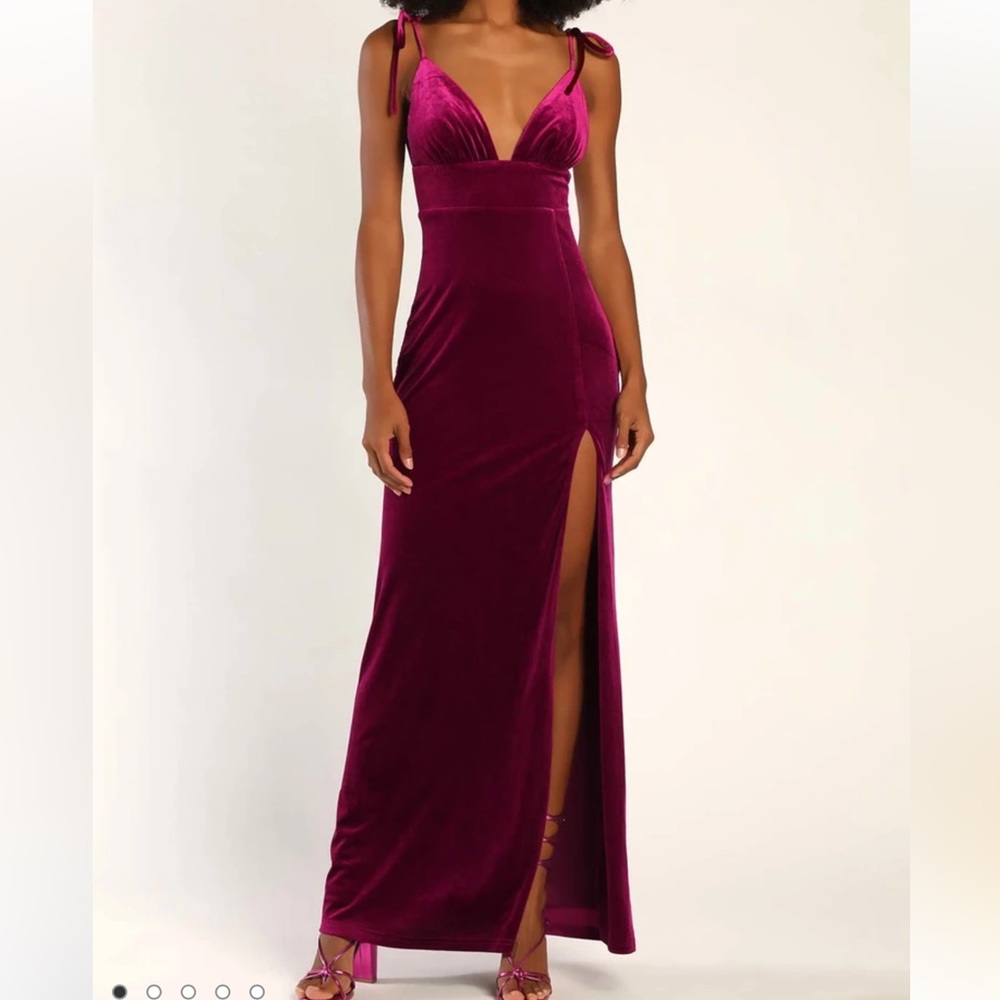 Lulu’s with Radiance Berry Pink Velvet Tie-Strap Maxi Dress